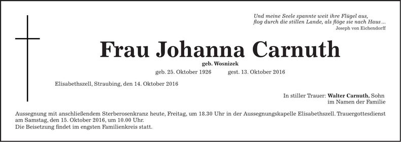 Traueranzeige Johanna Carnuth