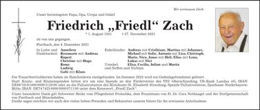 Traueranzeige Friedrich Zach