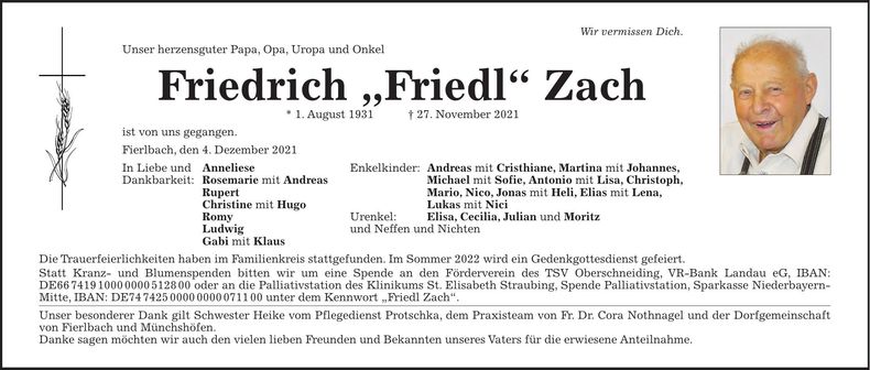 Traueranzeige Friedrich Zach