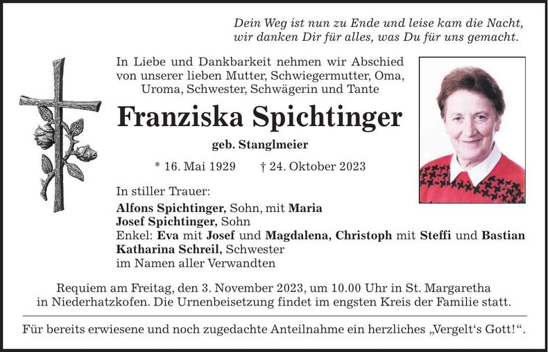 Traueranzeige Franziska Spichtinger