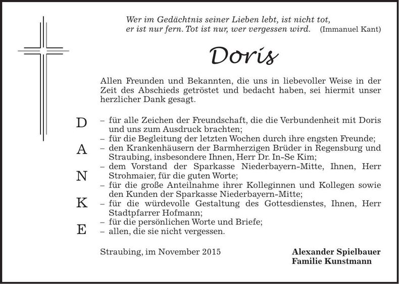 Traueranzeige Doris Spielbauer