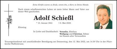 Traueranzeige Adolf Schießl