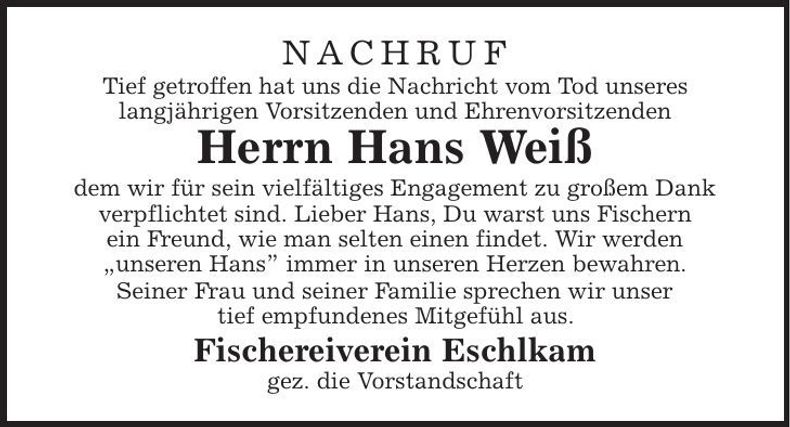 Traueranzeige Hans Weiß