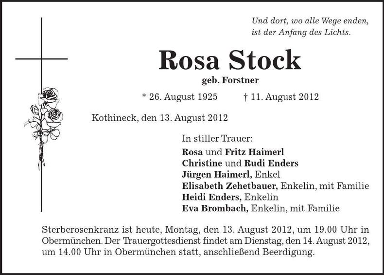 Traueranzeige Rosa Stock