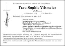 Traueranzeige Sophie Vilsmeier