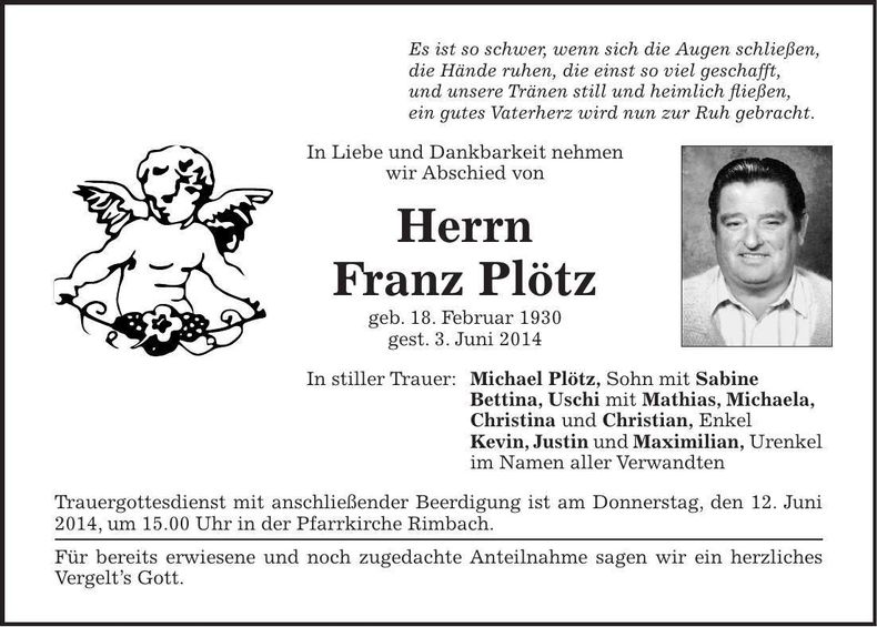 Traueranzeige Franz Plötz