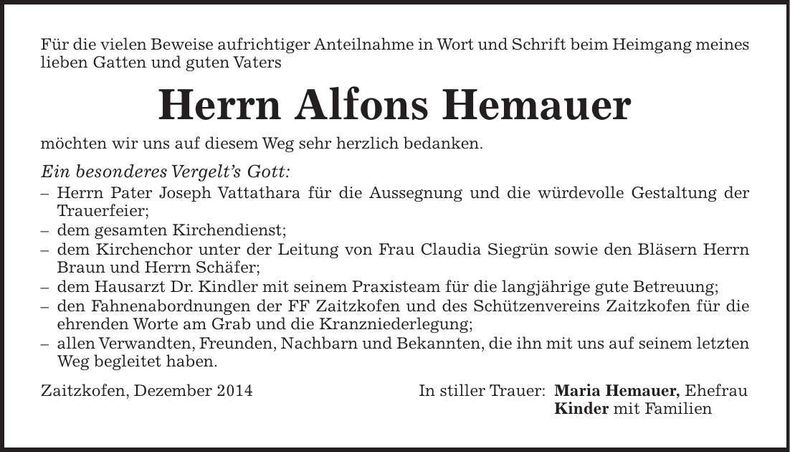 Traueranzeige Alfons Hemauer