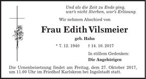 Traueranzeige Edith Vilsmeier