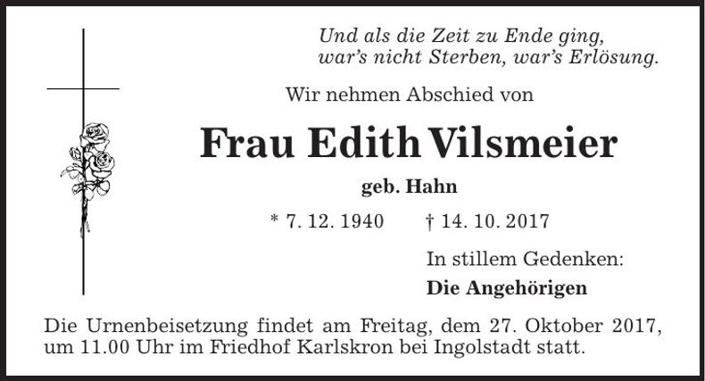 Traueranzeige Edith Vilsmeier