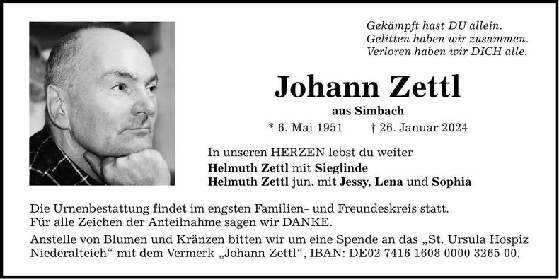 Traueranzeige Johann Zettl
