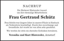 Traueranzeige Gertraud Schütz