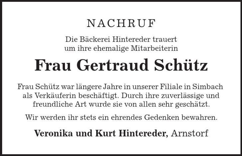 Traueranzeige Gertraud Schütz