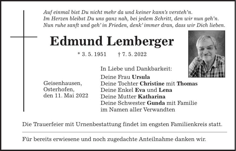 Traueranzeige Edmund Lemberger