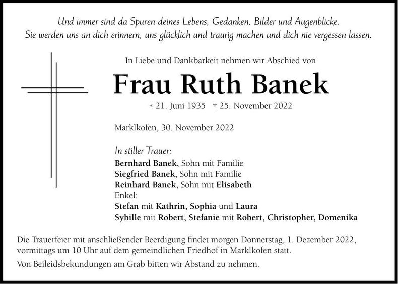 Traueranzeige Ruth Banek