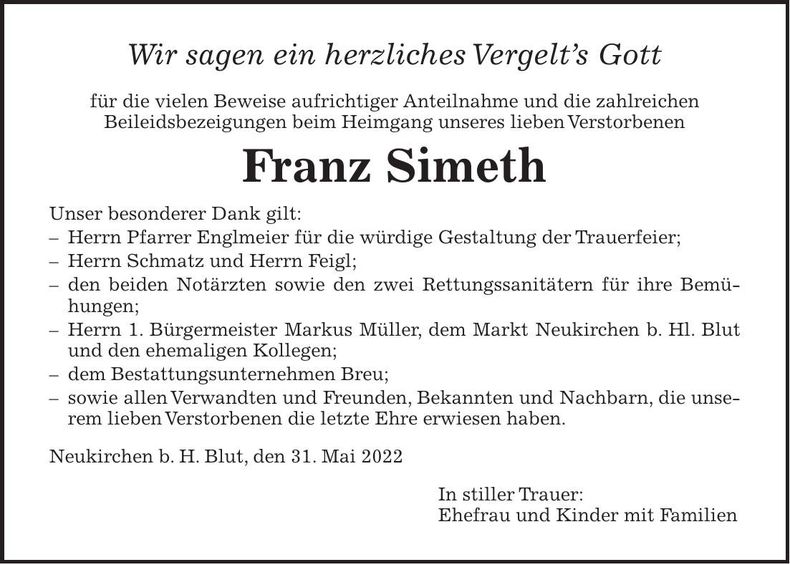Traueranzeige Franz Simeth
