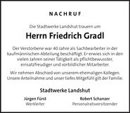 Traueranzeige Friedrich Gradl