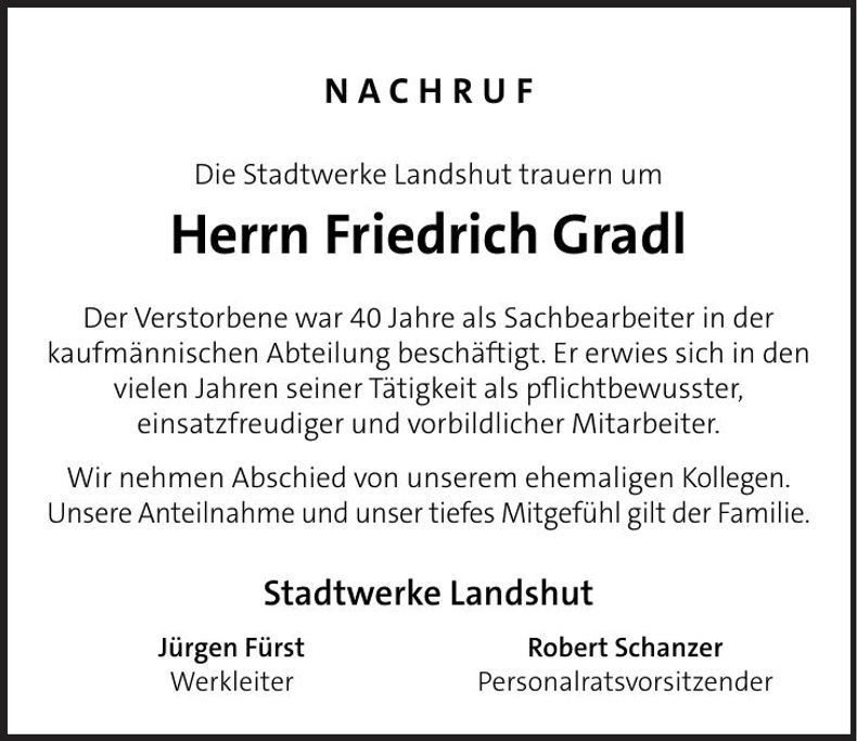 Traueranzeige Friedrich Gradl