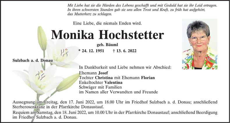 Traueranzeige Monika Hochstetter