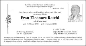 Traueranzeige Eleonore Reichl