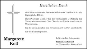 Traueranzeige Margarete Koß