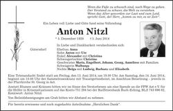 Traueranzeige Anton Nitzl