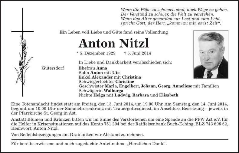 Traueranzeige Anton Nitzl