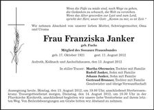 Traueranzeige Franziska Janker