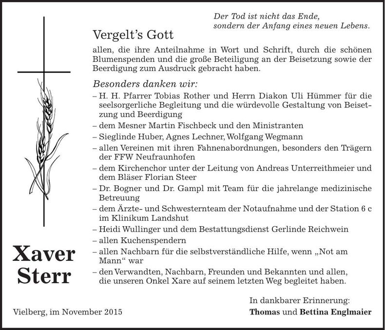 Traueranzeige Xaver Sterr