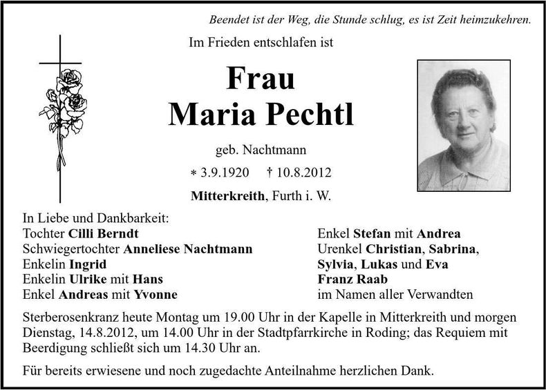 Traueranzeige Maria Pechtl
