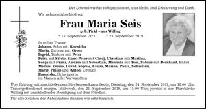 Traueranzeige Maria Seis
