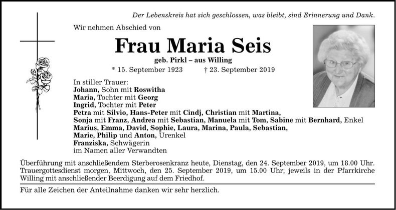 Traueranzeige Maria Seis