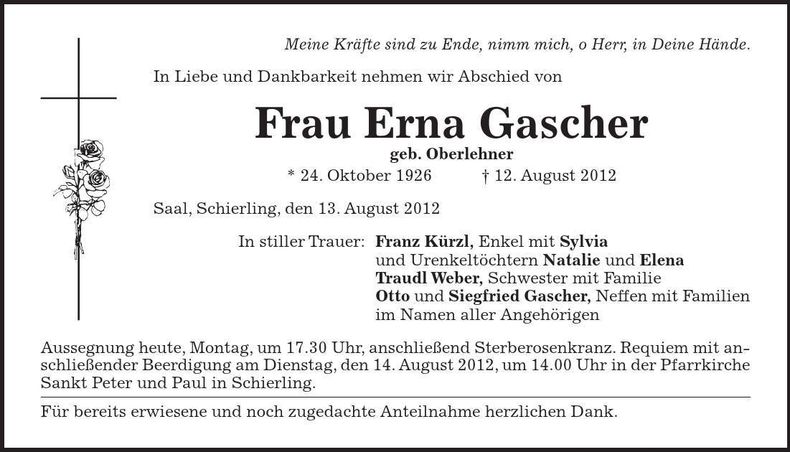 Traueranzeige Erna Gascher