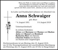 Traueranzeige Anna Schwaiger