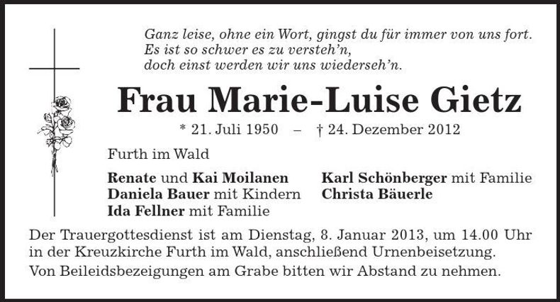 Traueranzeige Marie-Luise Gietz