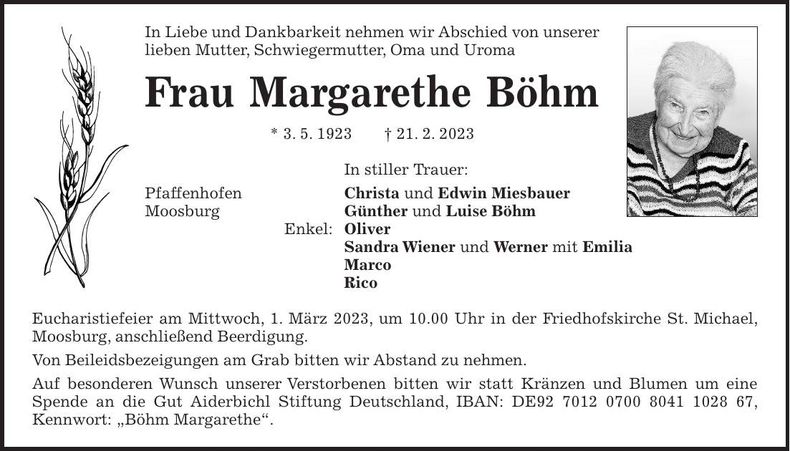 Traueranzeige Margarethe Böhm