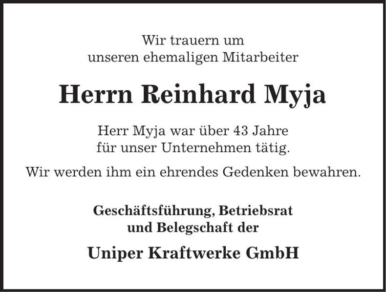 Traueranzeige Reinhard Myja