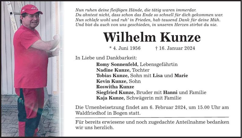 Traueranzeige Wilhelm Kunze