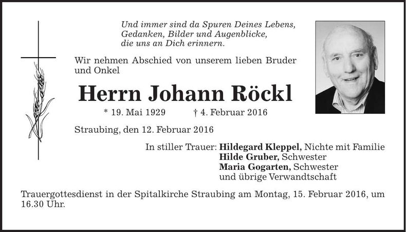 Traueranzeige Johann Röckl