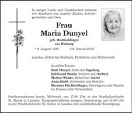 Traueranzeige Maria Dunyel