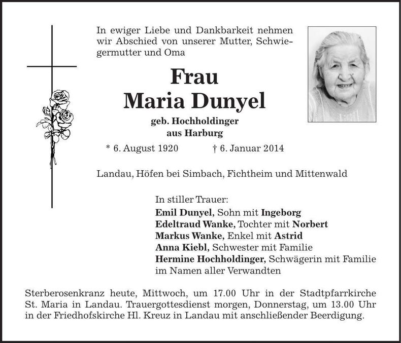 Traueranzeige Maria Dunyel