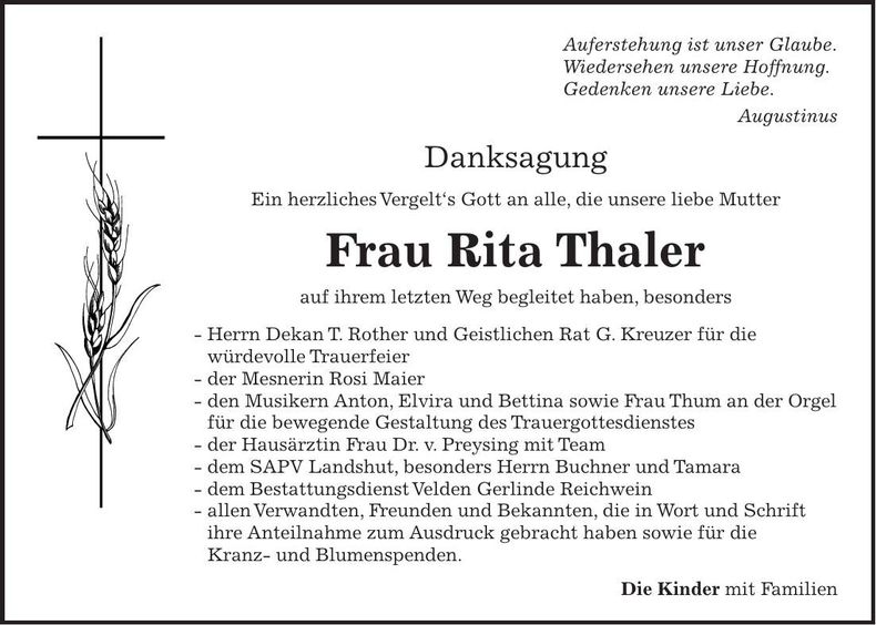 Traueranzeige Rita Thaler