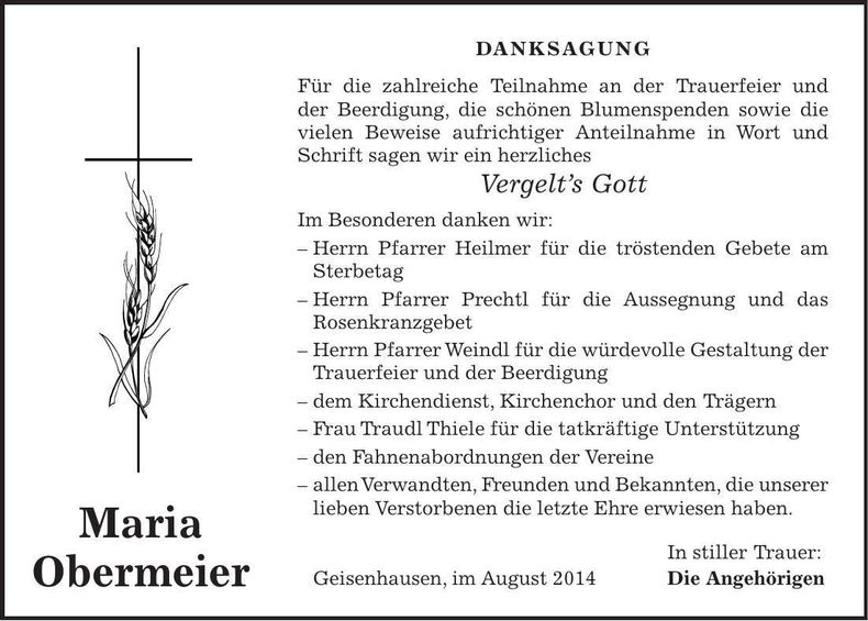 Traueranzeige Maria Obermeier