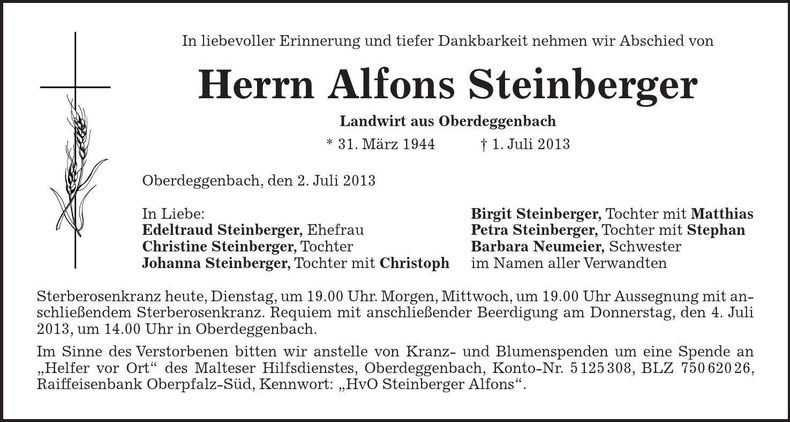 Traueranzeige Alfons Steinberger