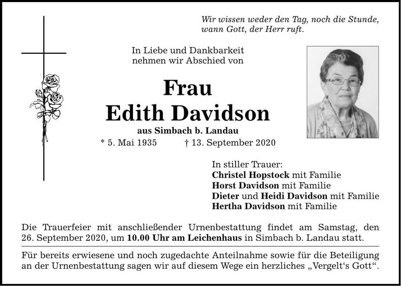 Traueranzeige Edith Davidson