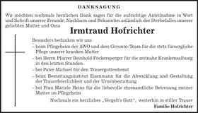 Traueranzeige Irmtraud Hofrichter