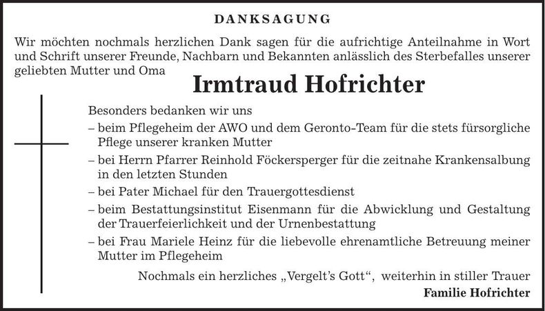 Traueranzeige Irmtraud Hofrichter