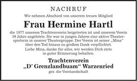 Traueranzeige Hermine Hartl