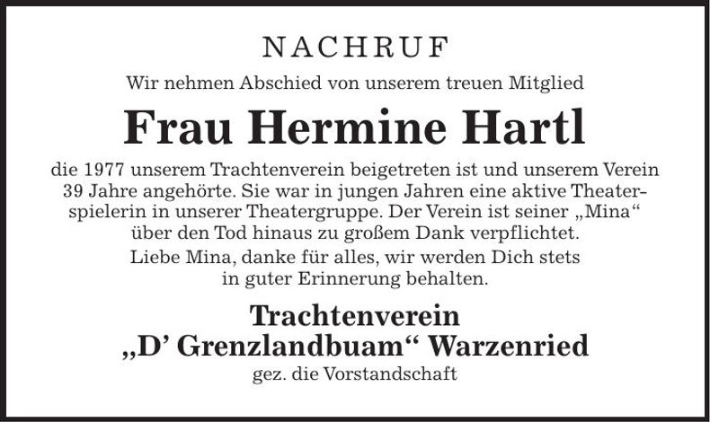 Traueranzeige Hermine Hartl
