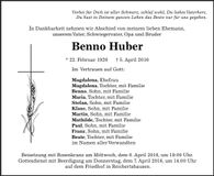 Traueranzeige Benno Huber
