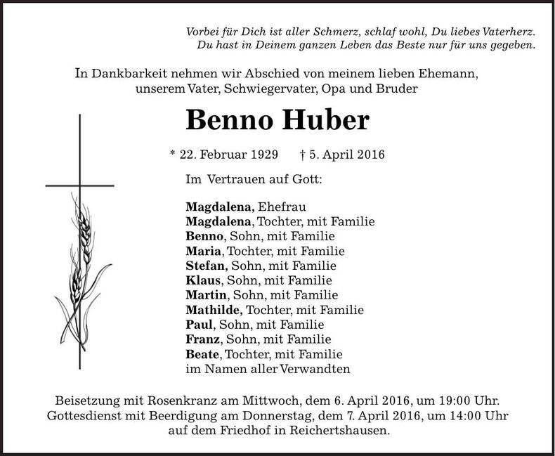 Traueranzeige Benno Huber